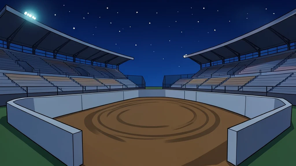 A short oval dirt racing track surrounded by high concrete retaining walls and grandstands under a night sky.