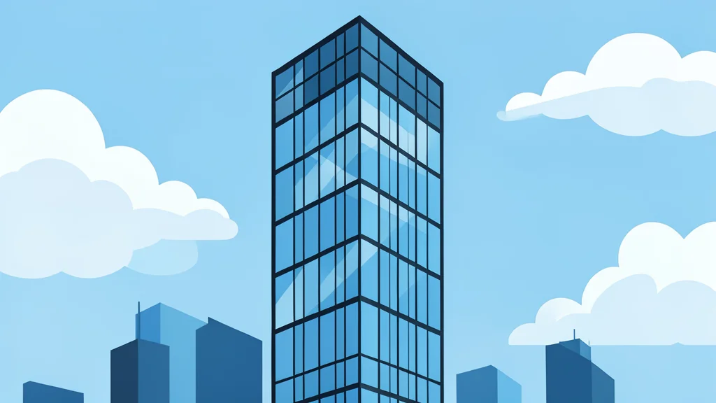 A modern glass skyscraper reflecting a cloudy sky, symbolizing the financial district