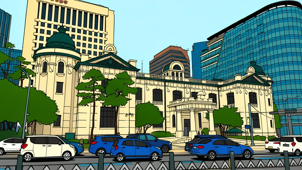 A traditional East Asian architectural structure with curved tiled roofs and wooden pillars set against a clear sky.