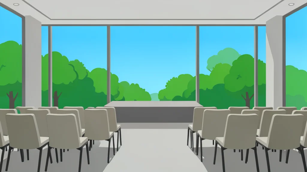 A modern government conference hall with rows of empty chairs facing a stage, set against a backdrop of lush green trees and a clear blue sky.