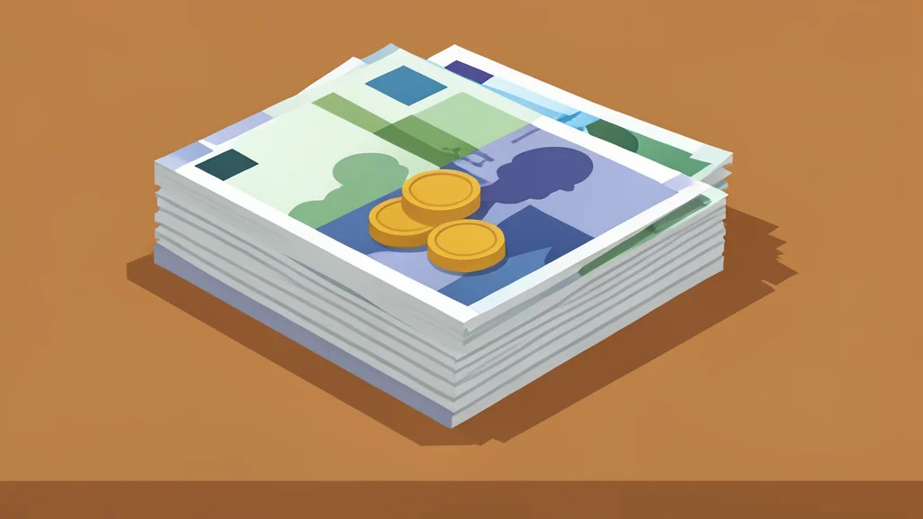 A stack of various foreign banknotes and coins resting on a wooden desk surface