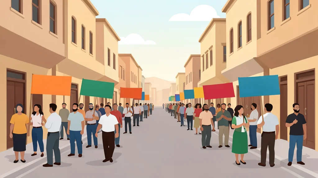 A paved city street with a crowd of people holding abstract flags and banners in a calm manner.