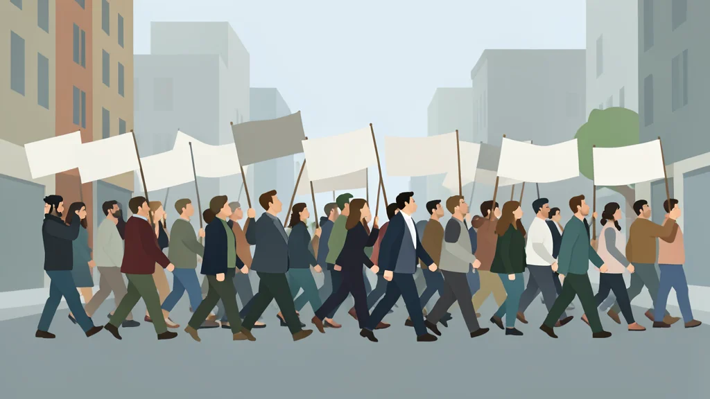 A crowd of people marching on a city street carrying flags and banners