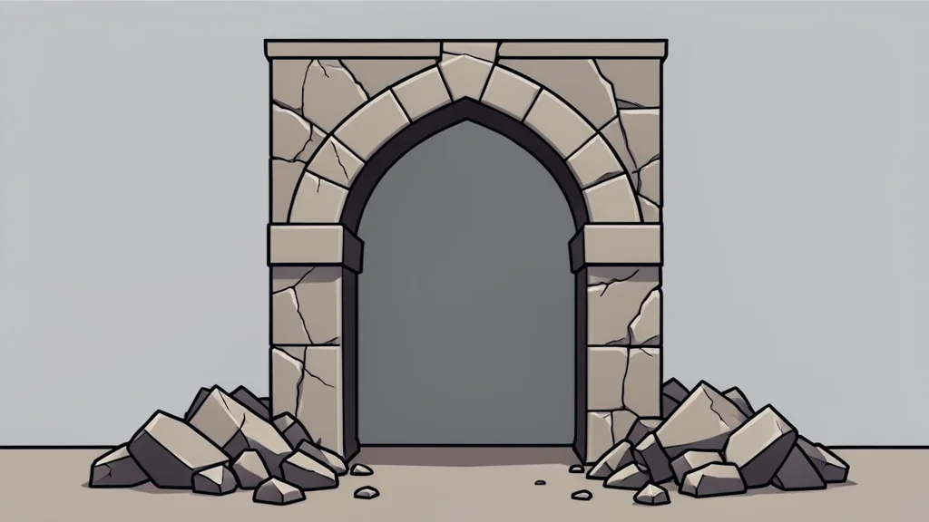 A damaged stone archway of a mosque entrance with rubble scattered on the ground