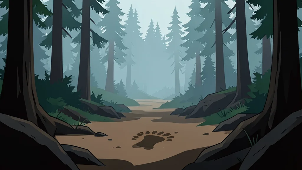 A dense, misty pine forest with rugged terrain and a single military boot print in the mud