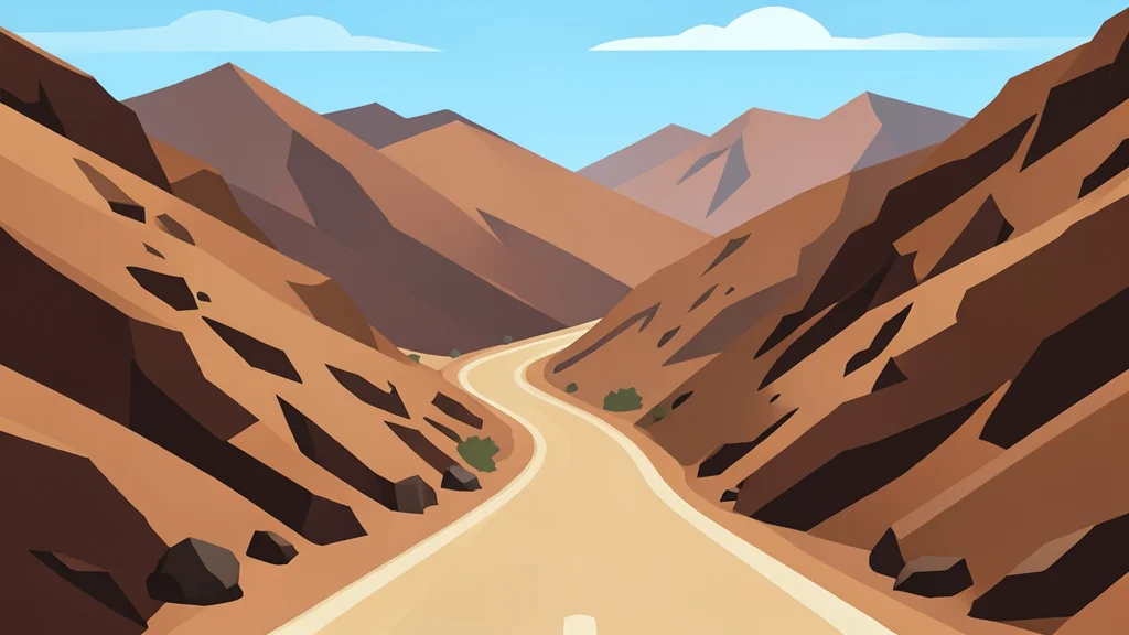 A rugged, arid mountain pass with a dusty road winding through the valley