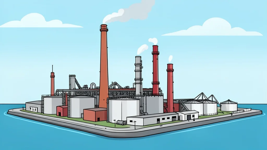 A large industrial oil refinery complex with tall smokestacks and storage tanks situated near a coastal port