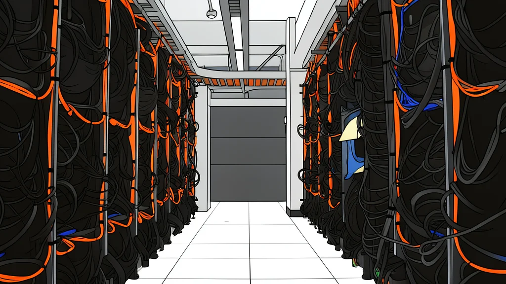 A vast, dimly lit warehouse filled with rows of tall, black server racks and blinking indicator lights