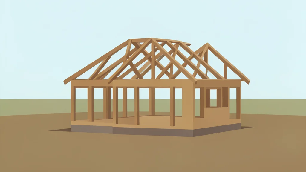 A wooden frame of a house under construction standing in an open field