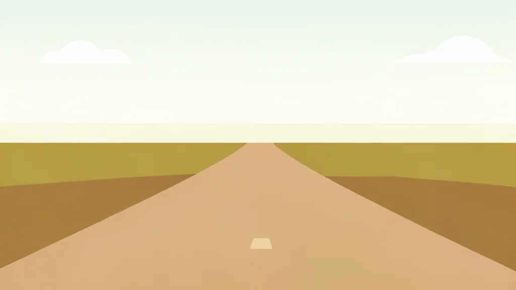 A dusty, unpaved road stretching toward a distant horizon under a bright, hazy sky