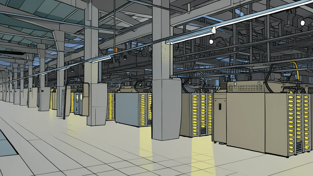A large industrial server rack in a field connected to high-voltage power lines