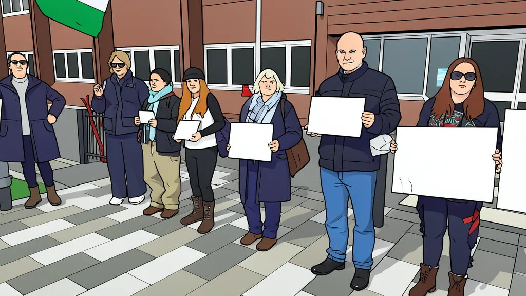 A stylized vector illustration of a crowd holding a blank white banner in a city street.