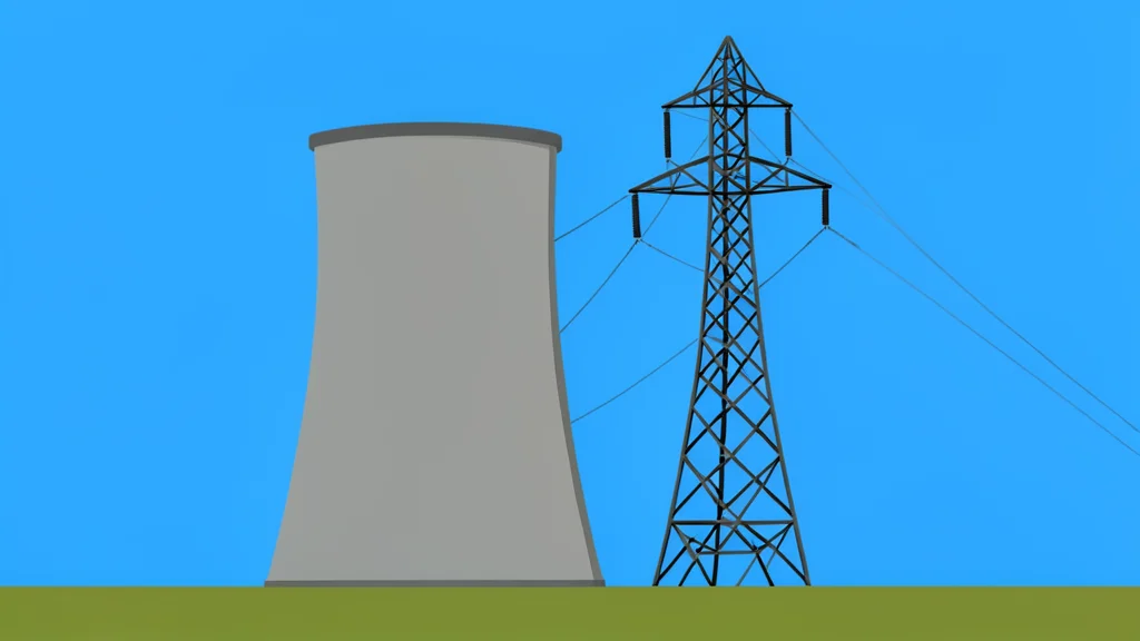 A large industrial cooling tower stands next to a high-voltage electrical transmission pylon under a clear sky.