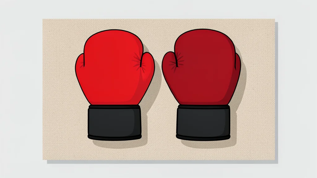 A pair of red and black padded gloves resting on a worn canvas mat