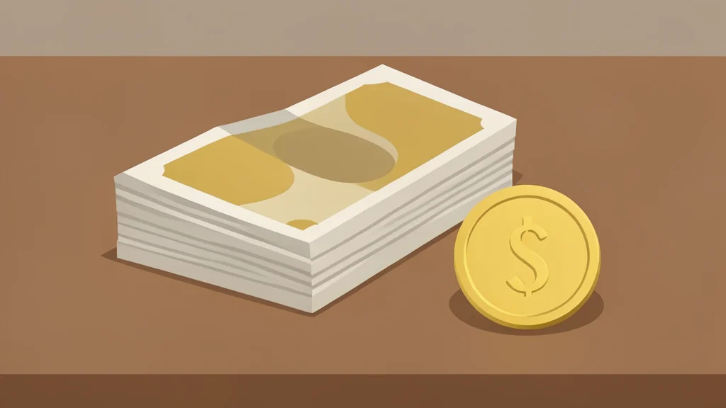 A stack of paper currency bills and a single gold coin resting on a wooden desk surface