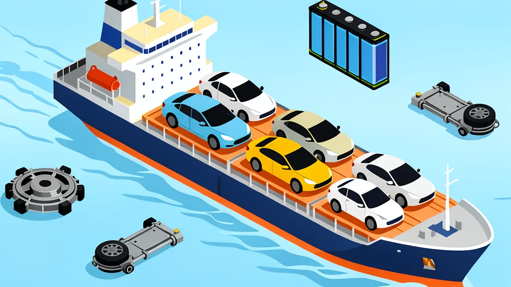A large cargo ship loaded with electric vehicles docked at a port