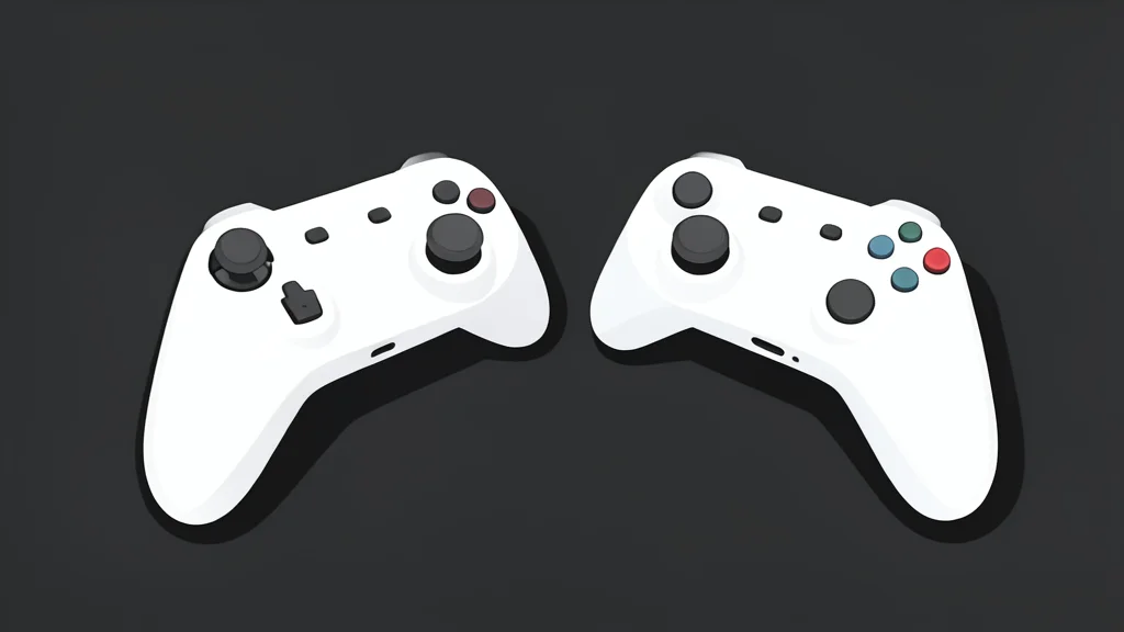 A pair of white wireless gaming controllers resting on a dark surface
