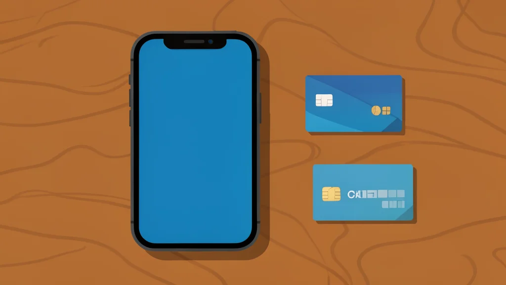 A smartphone lying flat on a wooden counter next to a credit card