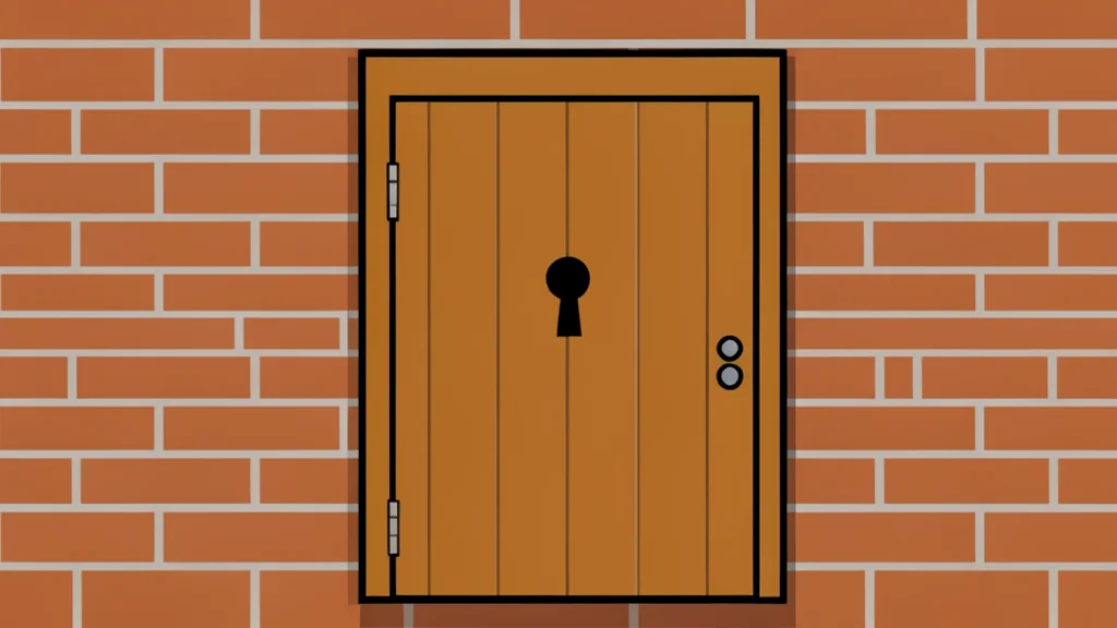 A closed wooden door with a small keyhole set within a textured brick wall