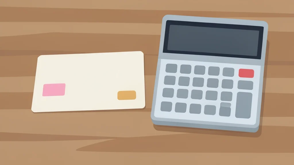 A credit card resting on a wooden table next to a calculator