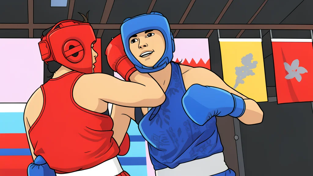 A pair of red boxing gloves resting on a blue canvas ring floor