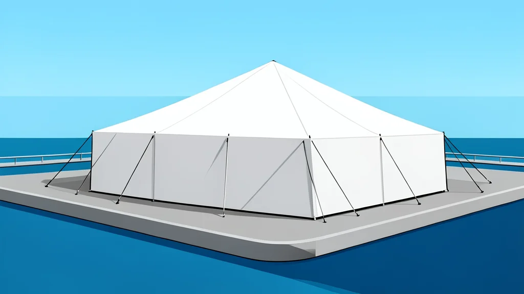 A large white tent structure set up on a paved harbor area near the water