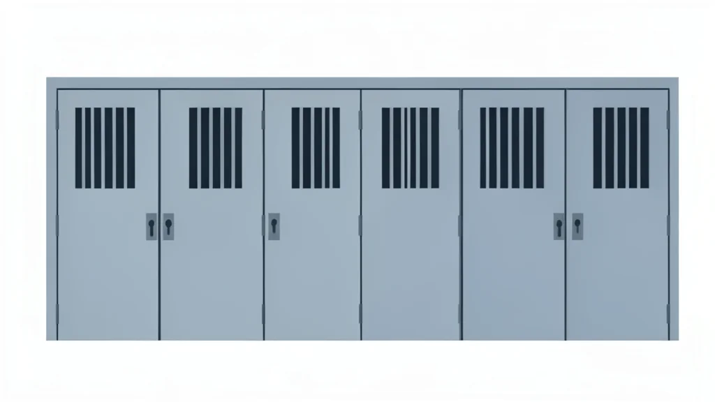 A row of closed metal prison doors with small barred windows, depicted in a flat vector style.