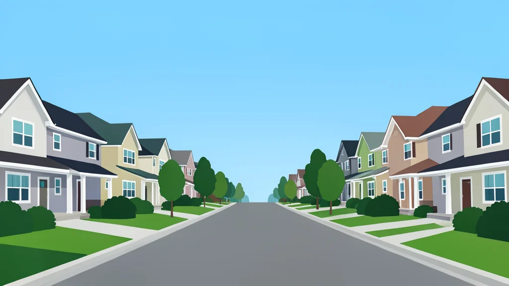 A quiet suburban street with single-family homes and green lawns