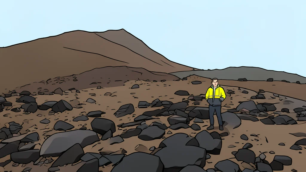 A rugged, barren landscape of reddish-brown rock formations near a fjord