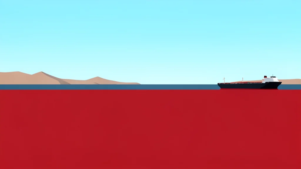 A flat vector illustration of a calm Red Sea horizon with a single cargo ship and a distant coastline.