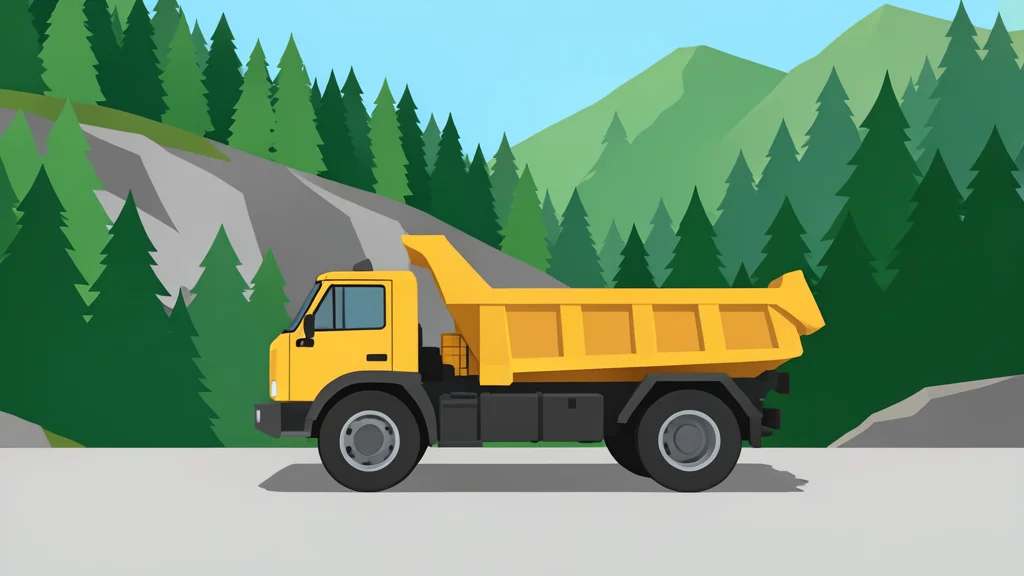 A heavy-duty mining truck parked on a gravel road near a forested mountain entrance