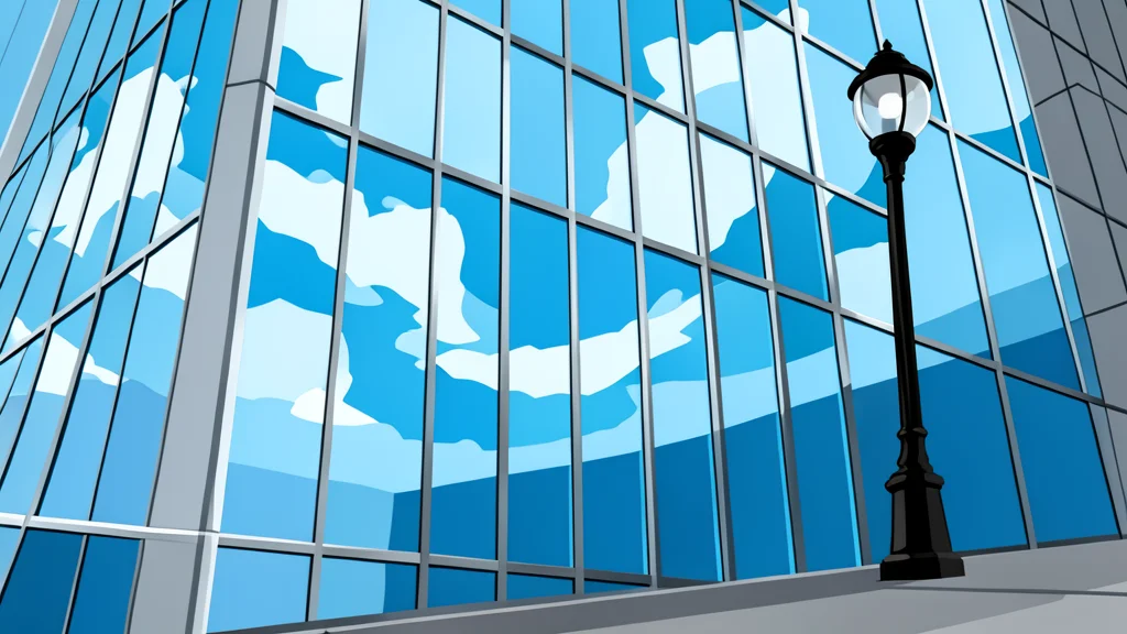 A curved glass facade of a large conference hall with rows of empty seats, rendered in flat vector style.