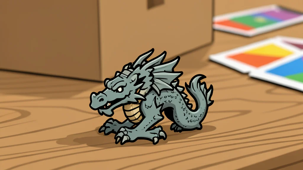 A stylized dragon perched on a wooden counter next to a stack of colorful cards