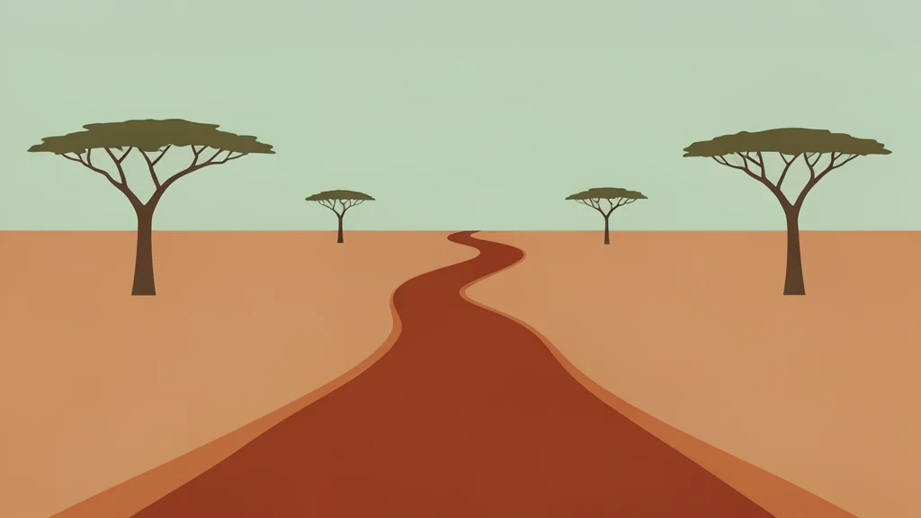 A dusty red-earth road stretching through an arid landscape with sparse acacia trees in the distance