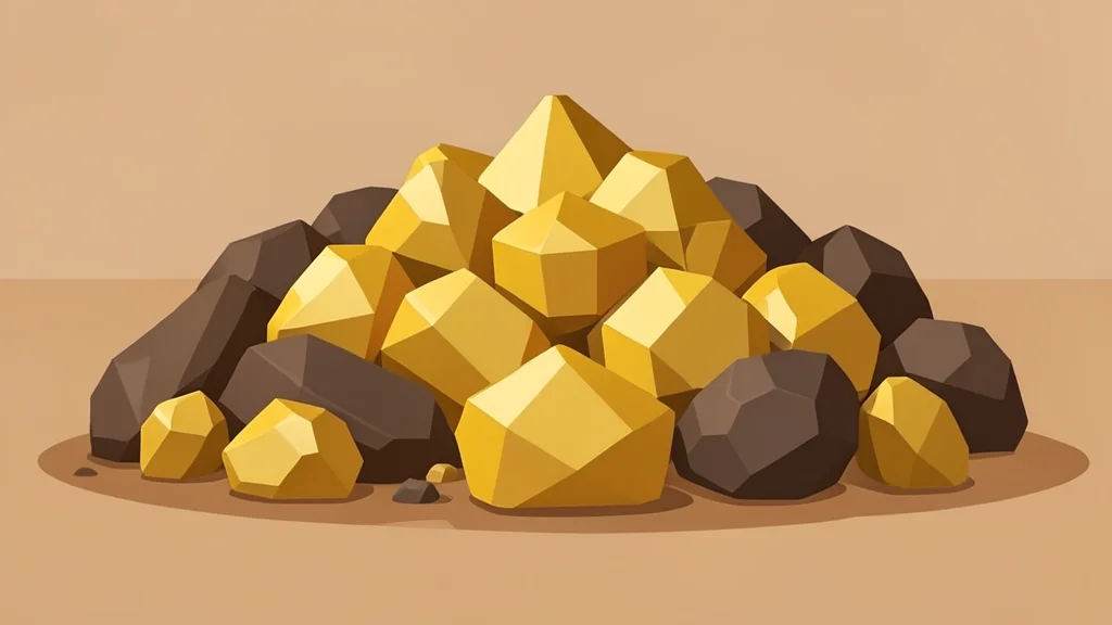 A pile of raw gold nuggets and ore rocks on a dusty mining site