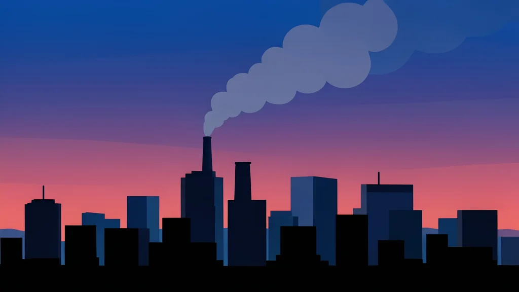A modern city skyline at dusk with a single plume of smoke rising from a distant industrial facility.