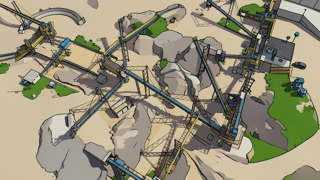 A large industrial gold processing plant with conveyor belts and crushing machinery situated in a dry, mountainous landscape.