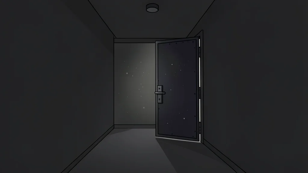A dark, narrow concrete corridor with a heavy metal door slightly ajar, revealing dim light and dust particles floating in the air.
