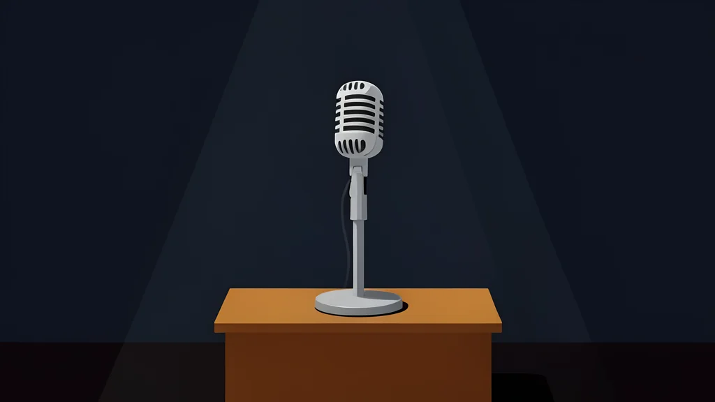 A single microphone standing on a wooden podium in a dimly lit room