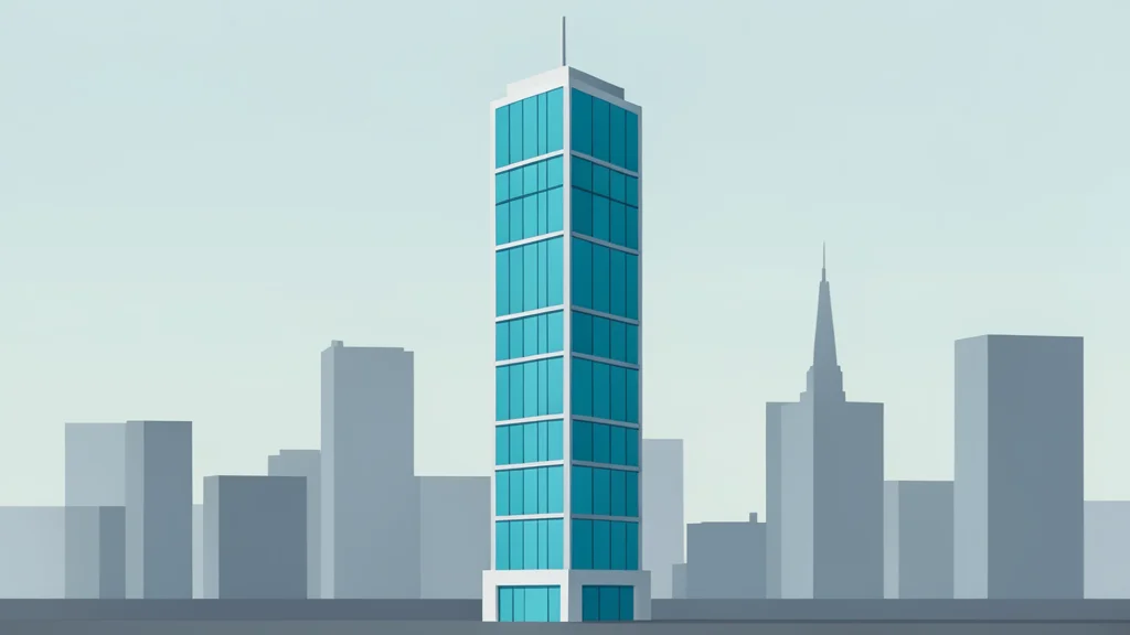 A modern glass skyscraper rising above a city skyline
