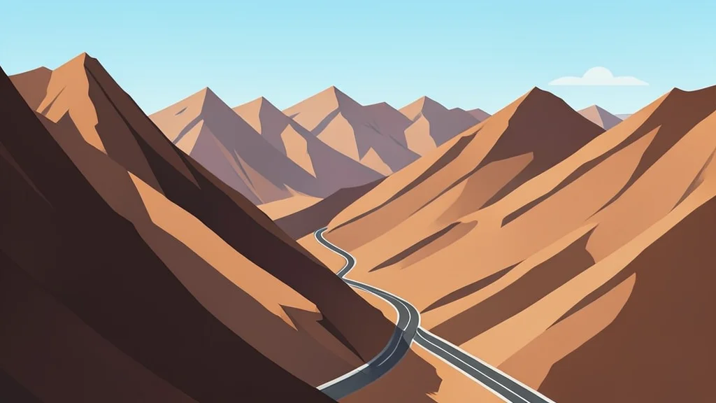 A rugged, arid mountain landscape with a winding highway cutting through the valley