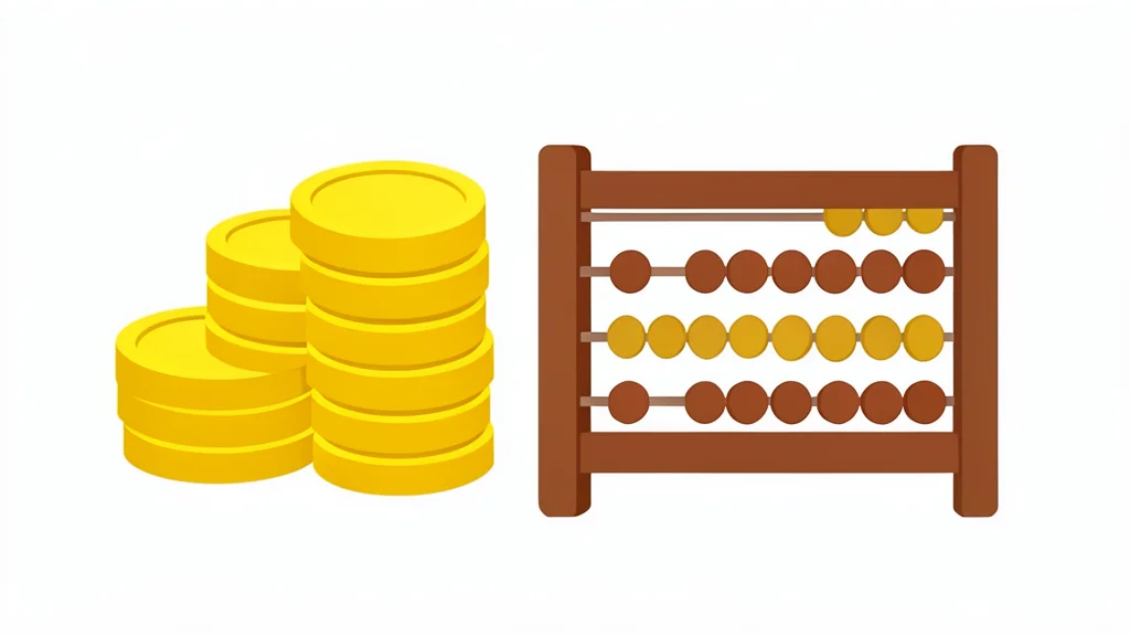 A neat stack of gold coins placed next to a wooden abacus with beads in various positions.