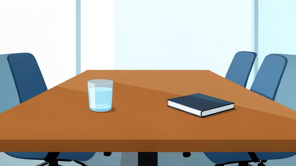 A polished wooden table in a modern conference room with a glass of water and a notebook.