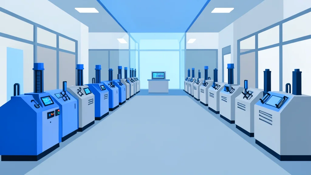 A clean, modern semiconductor fabrication facility interior with rows of precision machinery