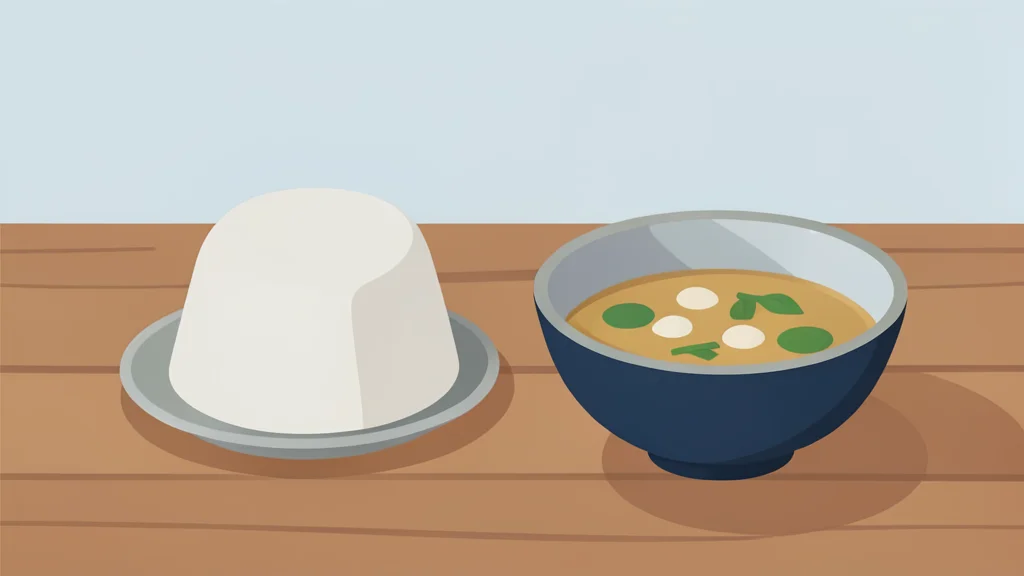 A traditional Korean rice cake and a bowl of soup on a wooden table
