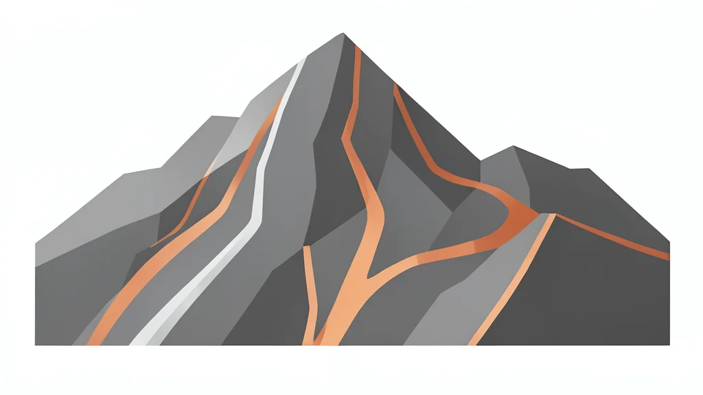 A cross-section of a rocky mountain face showing distinct, colorful mineral veins running through the stone