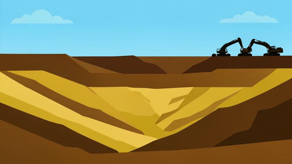 A rugged open-pit gold mine with exposed earth layers and heavy mining equipment in the distance.