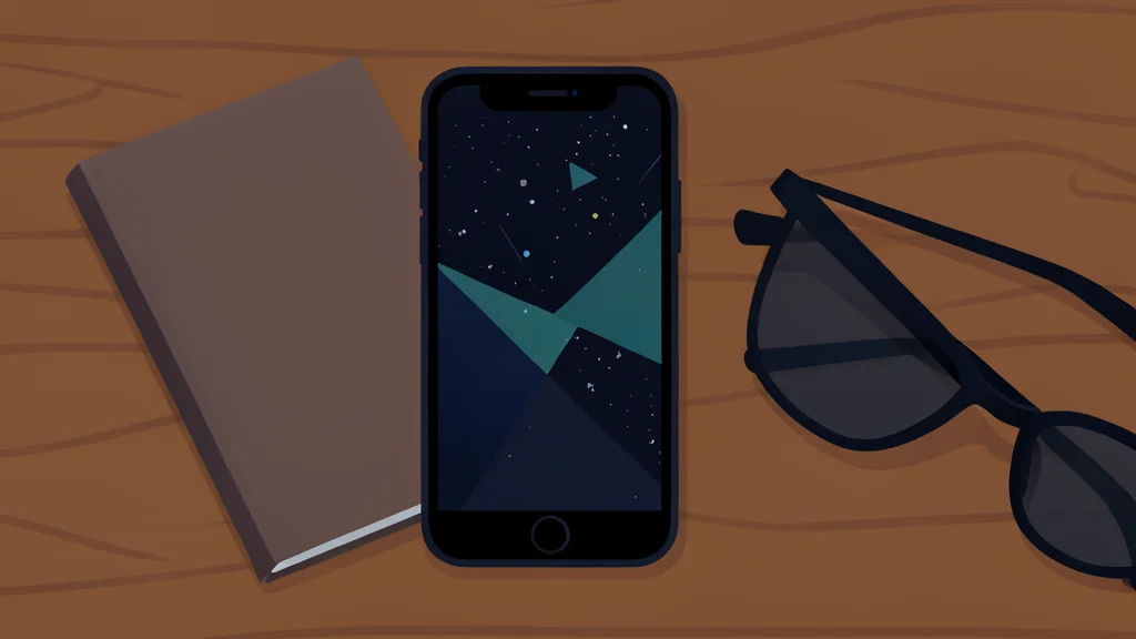 A darkened smartphone screen displaying abstract geometric shapes and static noise, resting on a wooden desk next to a closed notebook and a pair of reading glasses.
