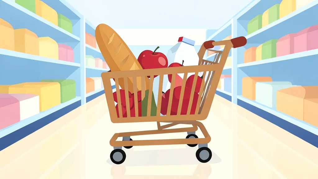 A wooden shopping cart filled with generic grocery items like bread, milk, and produce, sitting on a polished floor in a bright retail aisle.