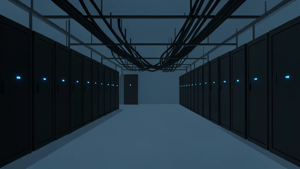 A dim server room with rows of black cabinets featuring glowing blue lights and thick cable bundles.